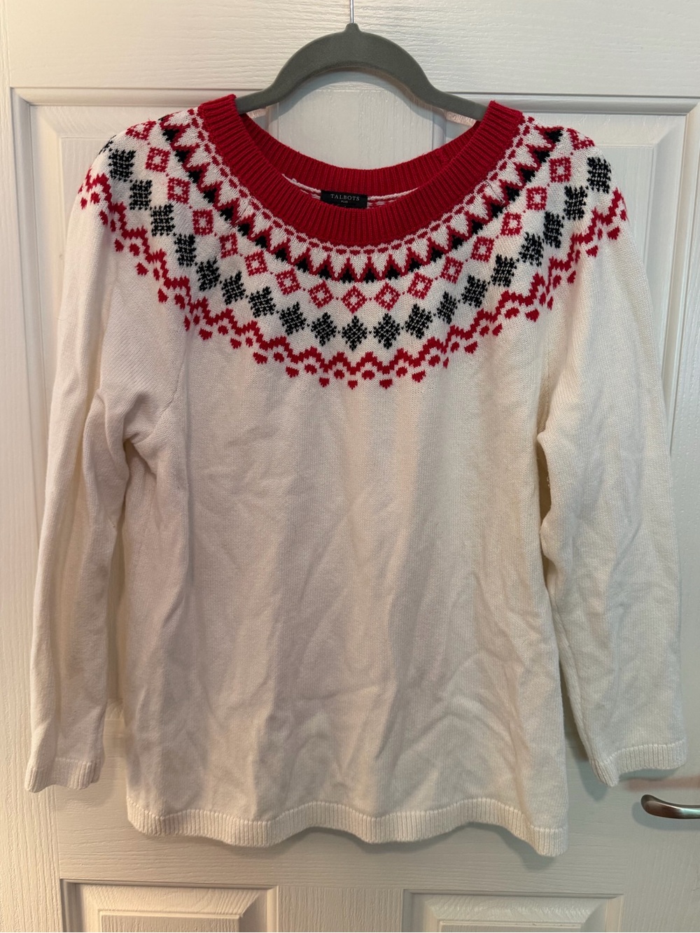 Talbots Cream Crewneck Sweater with Red and Black Fair Isle Yoke
